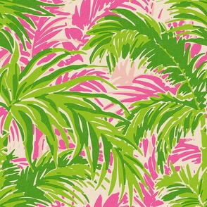 Green Pink and Natural Palm Abstract Coastal Southern Tropical Decor