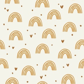 2' scattered mustard yellow rainbows with rust hearts and dots on a cream background - hand painted rainbows