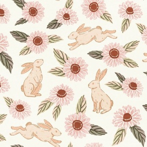 Large Spring Easter Bunnies in Flower Field | Cream Rabbits with Soft Pink and Green Flowers 