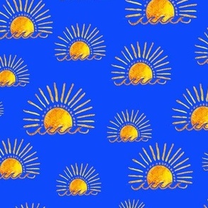 golden suns block print boho blue background