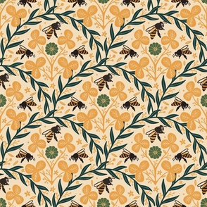 Romantic Bees and Leaves in Green and Yellow - Small Size