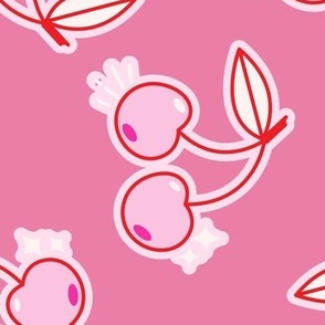 Lovecore sticker style cherries red and pink on medium pink Large scale