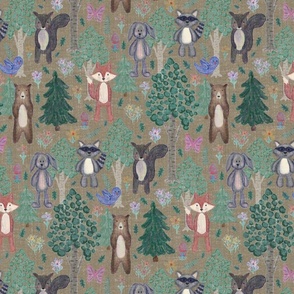 Small Forest Friends - Cute Woodland Animals Neutral Linen