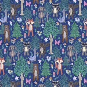 Small Forest Friends - Cute Woodland Animals Blue Linen