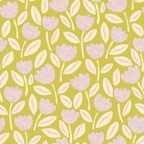 Spring flowers - chartreuse green, pastel yellow, purple