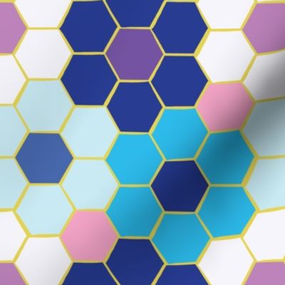 Modern Bold Hand-Drawn Hexagon in Blue Purple Pink White and Yellow