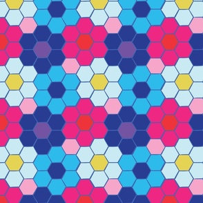 Modern Bold Hand-Drawn Hexagon in Pink Blue, white, yellow, and red