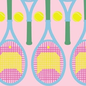 Kitty Cat Tennis Rackets Tennis Balls Pink Green Citron Yellow Cute Fabric Large Scale