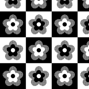 Retro Checkerboard Burlap Flowers Black And White