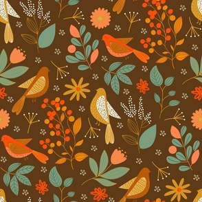 Enchanted Garden Birds: A Floral and Fauna Symphony on brown 