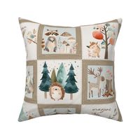 Woodland Path Quilt Top – forest animals baby blanket, woodland animals and trees, gender neutral, bear moose deer wolf rabbit (beige quilt A)