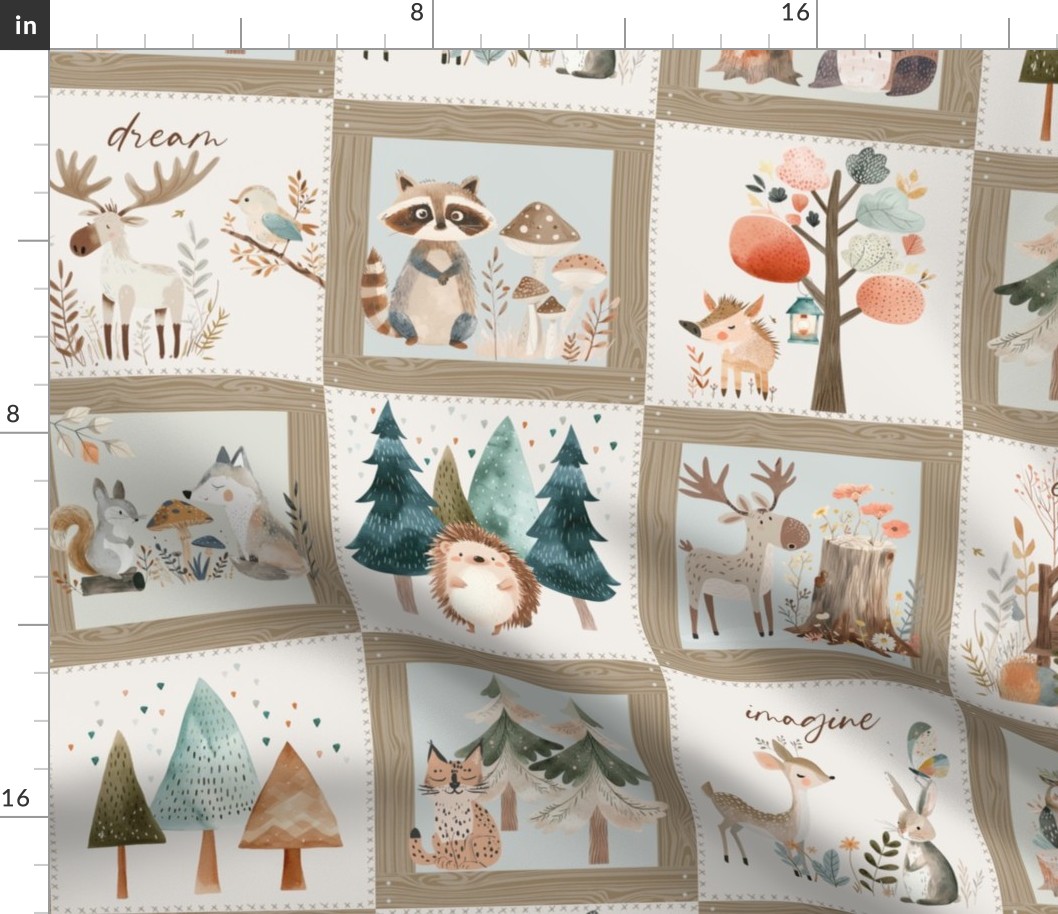Woodland Path Quilt Top – forest animals baby blanket, woodland animals and trees, gender neutral, bear moose deer wolf rabbit (beige quilt A)