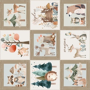 Woodland Path Quilt Top – forest animals baby blanket, woodland animals and trees, gender neutral, bear moose deer wolf rabbit (beige quilt A) ROTATED
