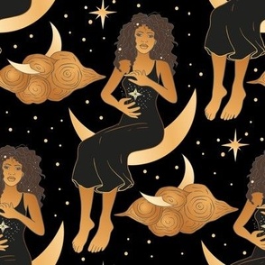 Golden Celestial Witch Woman Sitting on a Moon