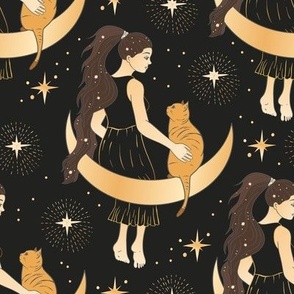 Golden Celestial Witch Woman on a Moon with a Cat