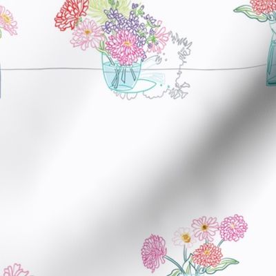 Modern Hand-Drawn Zinnia Floral Stripe in Blue, Pink and Red