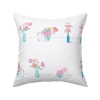 Modern Hand-Drawn Zinnia Floral Stripe in Blue, Pink and Red