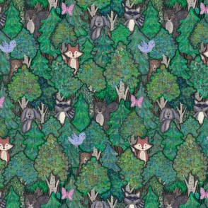 Small Forest Friends - brown background cute woodland animals among birch and pine 