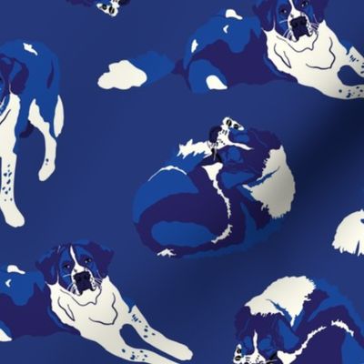 Modern Hand Drawn Saint Bernard Blue and White Dog Print in Ultramarine Blue, Cobalt Blue and white