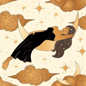 Golden Celestial Witch Woman Sleeping on the Moon