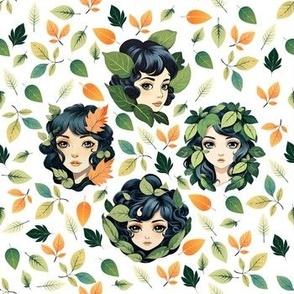 Retro Anime Style Leaf Fairies Pattern | White Background | Green Black Orange