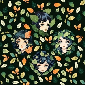 Retro Anime Style Leaf Fairies Pattern | Dark Green Background | Green Black Orange