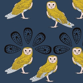 Yellow Owls Dark Blue Background