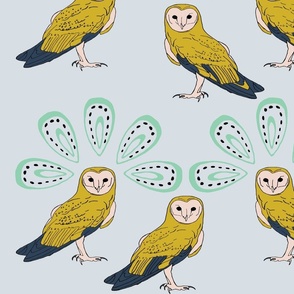 Yellow Bard Owl on a light blue background