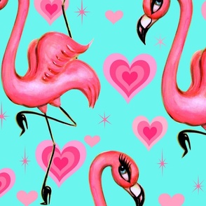 EXTRA LARGE-Flamingos and Hearts Aqua