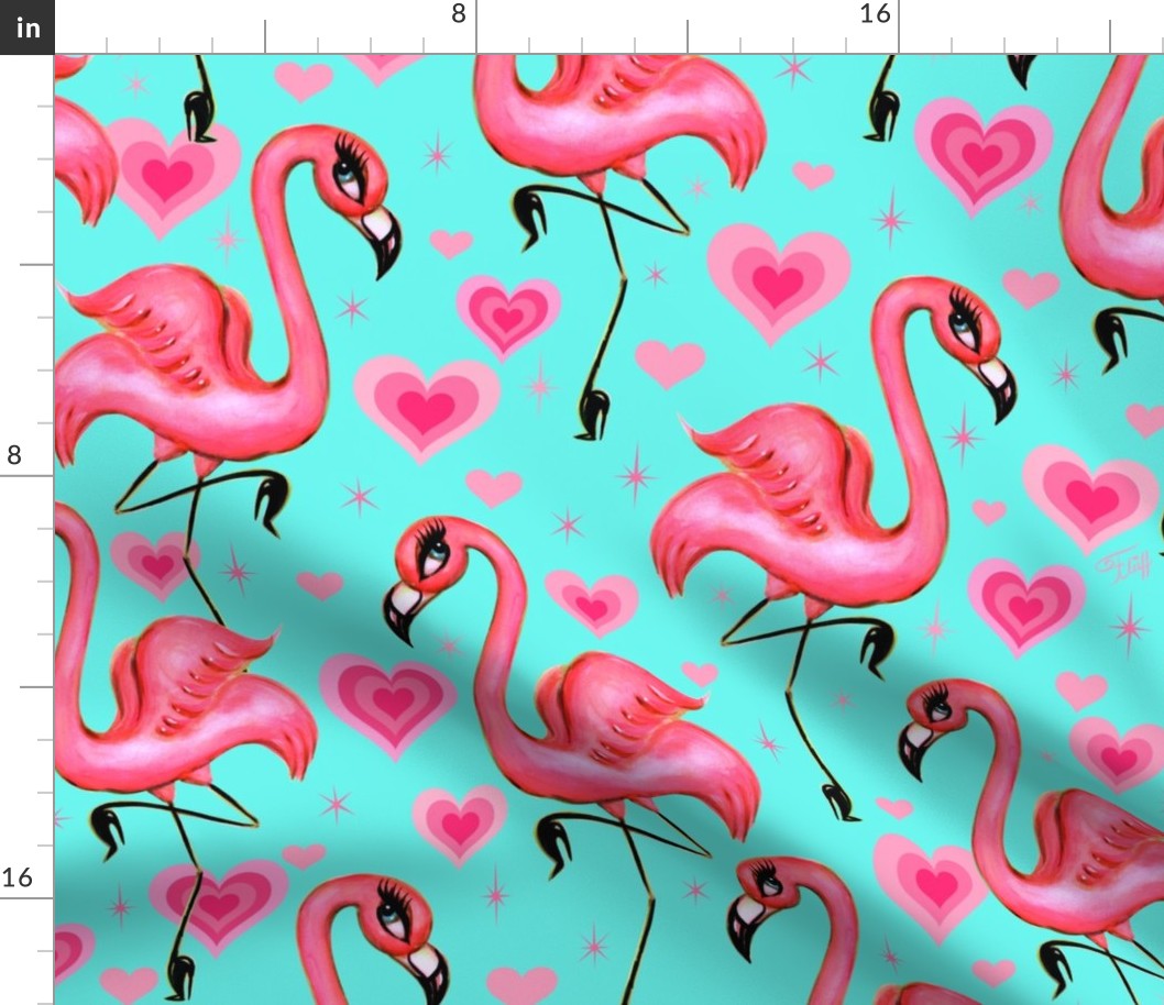 LARGE-Flamingos and Hearts Aqua