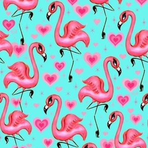 SMALL-Flamingos and Hearts Aqua