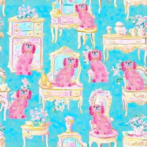 Staffordshire dogs and French furniture in pink and turquoise