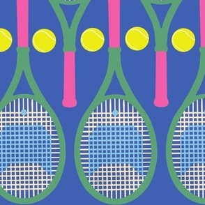 Kitty Cat Tennis Rackets Tennis Balls Pink Cobalt Blue Green Citron Yellow Cute Fabric Large Scale
