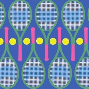 Kitty Cat Tennis Rackets Tennis Balls Pink Cobalt Blue Green Citron Yellow Cute Fabric Medium Scale