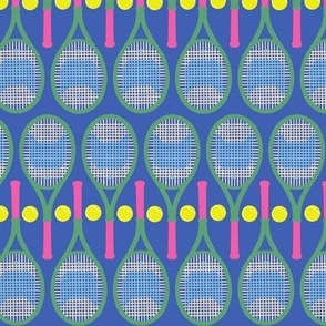 Kitty Cat Tennis Rackets Tennis Balls Pink Cobalt Green Citron Yellow Cute Fabric Small Scale