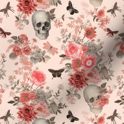 Skulls and flowers in peachy pink