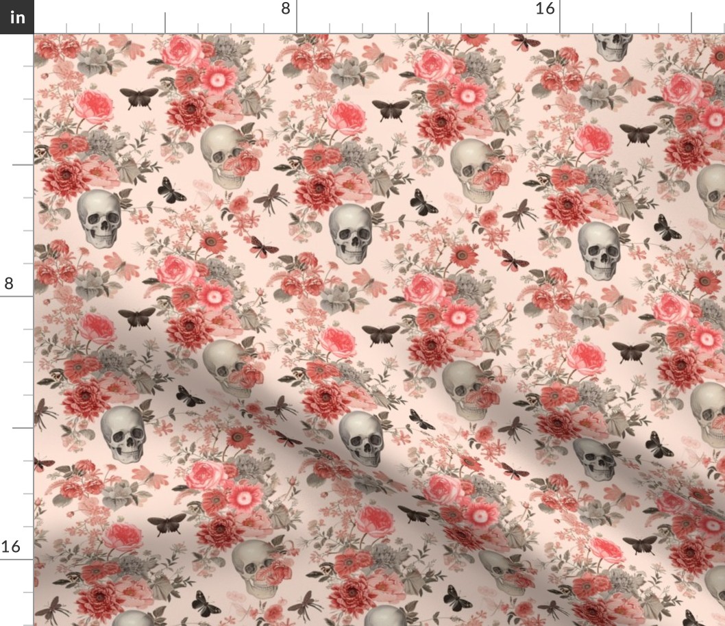 Skulls and flowers in peachy pink