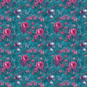 Pink roses on teal with skulls