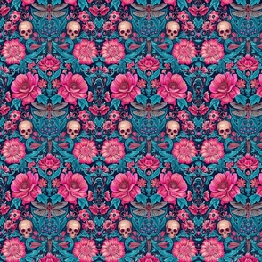 Pink roses and skulls on turquoise