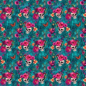 Bright Pink Flowers with Skulls on Turquoise