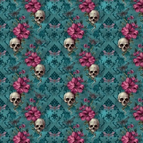 Pink Flowers on Teal Brocade with Skulls