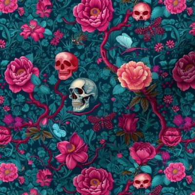 Skulls and flowers in teal and fuschia