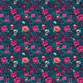 Skulls and flowers in teal and fuschia