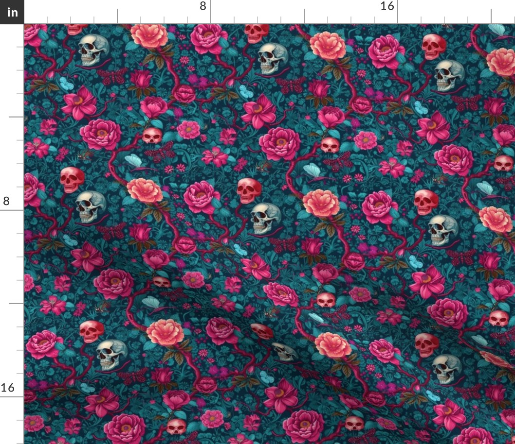 Skulls and flowers in teal and fuschia