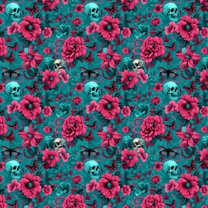 Fuschia Roses and Teal Skulls