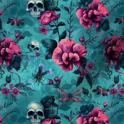 Pink Flowers on Turquoise with Skulls