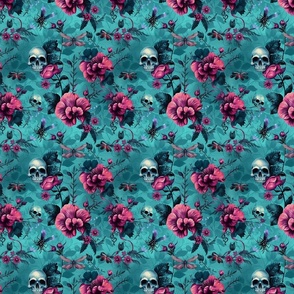 Pink Flowers on Turquoise with Skulls