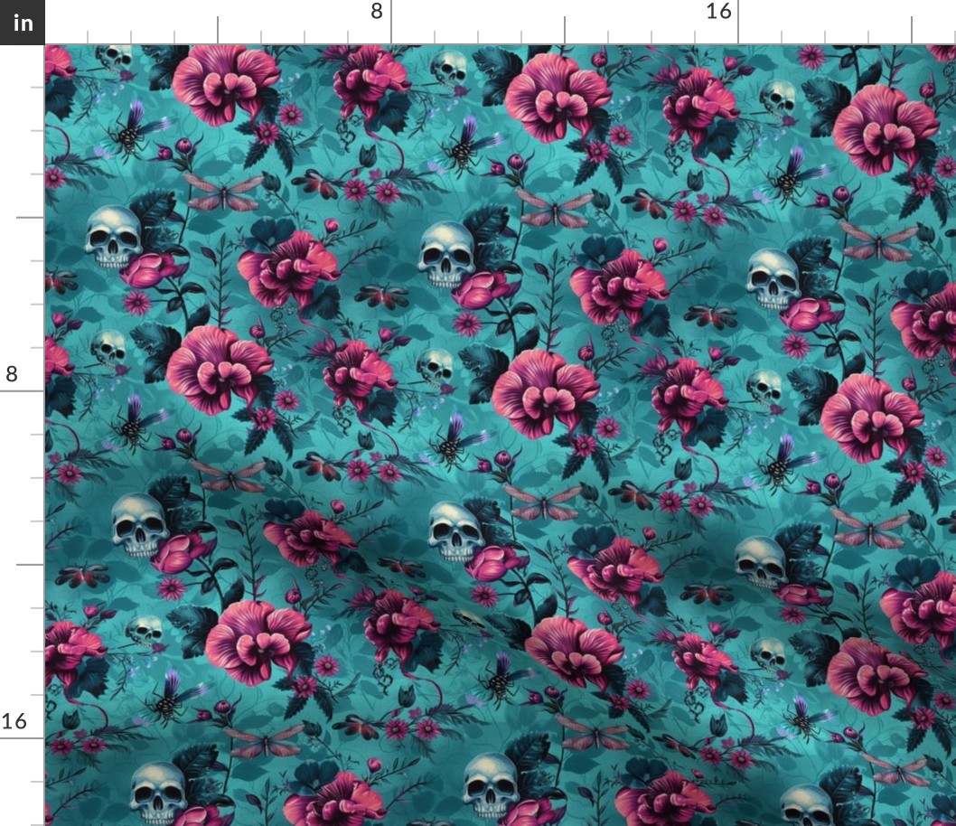 Pink Flowers on Turquoise with Skulls