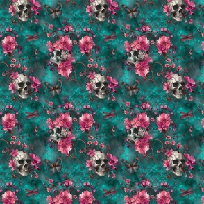 Skulls and Pink Flowers on Teal