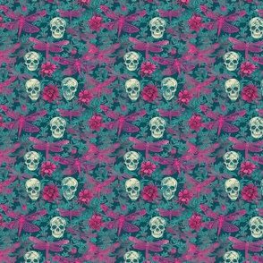 Fuschia Dragonflies and Skulls on Teal